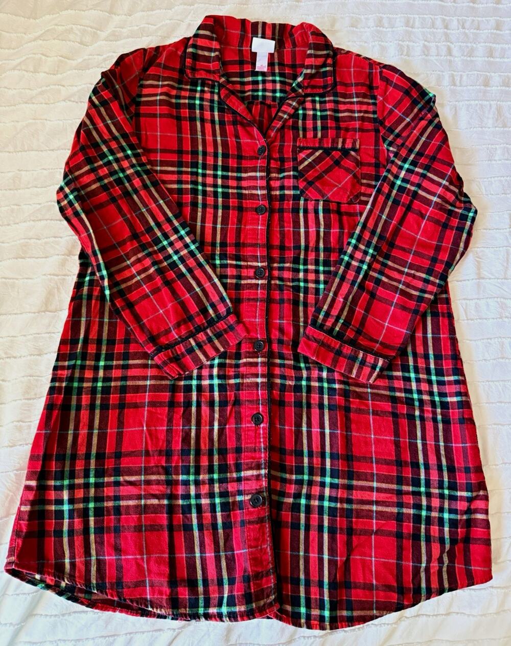 Wondershop Women's M Plaid Flannel Button-Front Collared Long Sleeve Sleepshirt